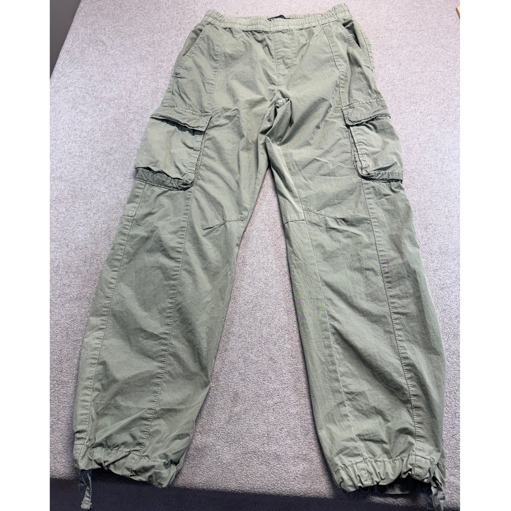ZARA Womens S Cargo Parachute Pants Sage Green Utility Drawstring Jogger Y2K